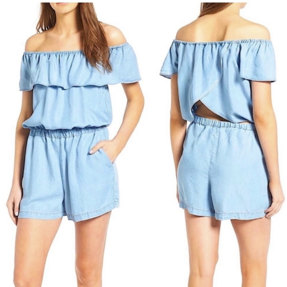 Splendid Chambray Off-Shoulder Romper with back cut-out